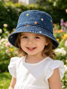 1 pieza Sombrero de cubo con patrón bordado protección solar moda casual desgastado para niños adecuado para viajes al aire libre y uso diario - Flores pequeñas - azul oscuro - Ver 4