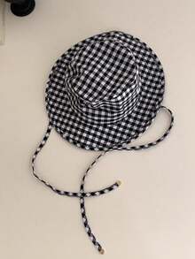 1 Stück Vintage-Karomuster-Patchwork-Kontrastfarben-Kordelzug-Breitkrempel-Fischerhut, Boho-Urlaubs-Frühling-Sommer-Sonnenhut, heller monochromer Look Schnürung-Sonnenschutz-Hut für Reisen und UV-Schutz - Kariertes Schlüsselband - Übersicht 9