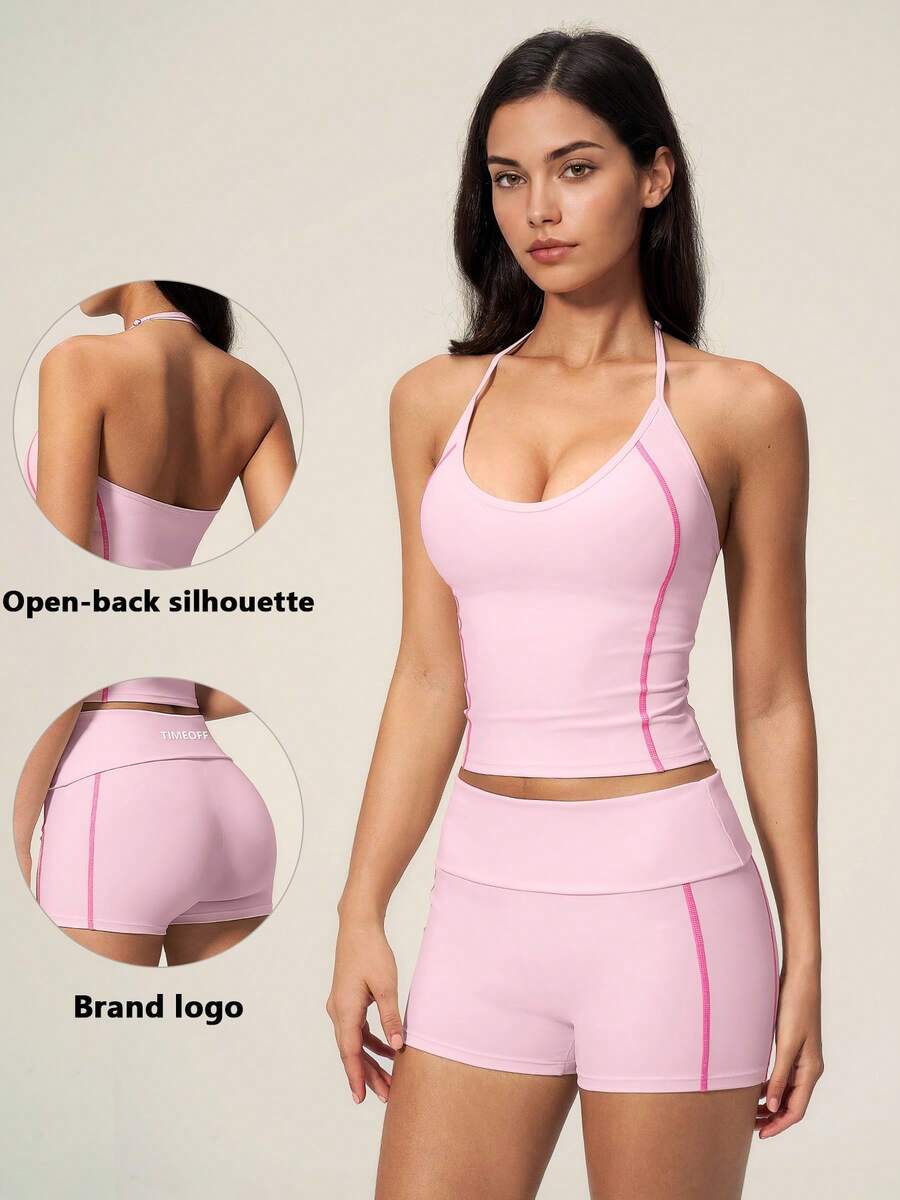 TimeOff Women's One Set Solid Color Adjustable Strap Camisole Tank Top & Wide Leg Mid-Length Shorts Sports Set - Pink - View 1