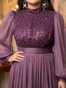 UNITHORSE Plus Women's Stand Collar Lantern Sleeve Sequins Patchwork Imitation Photocell Maxi Evening Dress Wedding Party - Purple - View 3