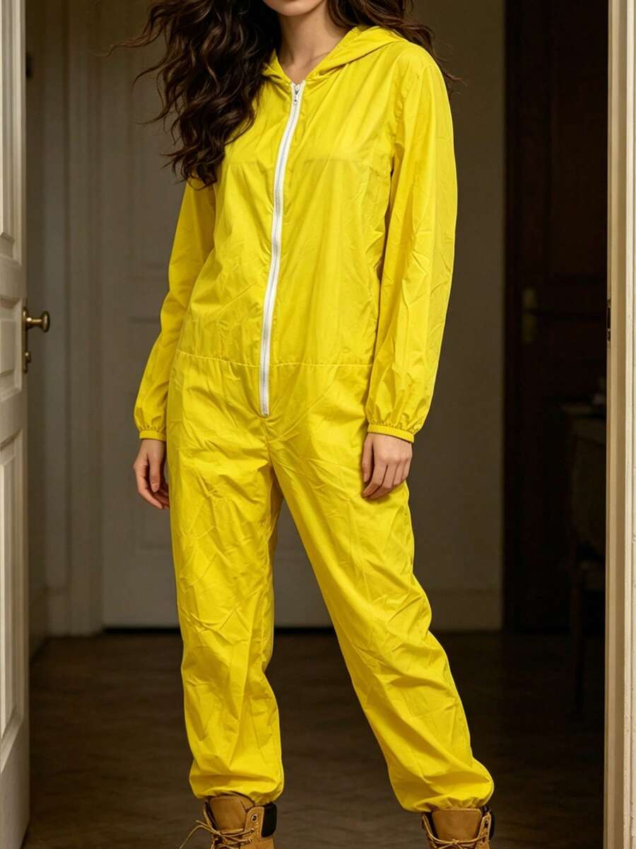 Women Windproof Jumpsuit With Hood Simple Solid Color Long Sleeve Zip-Up Pants Romper For Daily Cosplay Party - Yellow - View 1