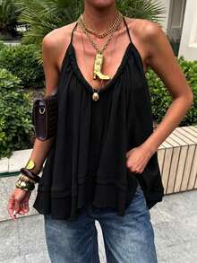 Elegaris Atasan Crop Top Halter Neck Kasual Warna Polos Ringan, Gaya Pantai Bohemian Musim Panas Hitam - Hitam - View 3