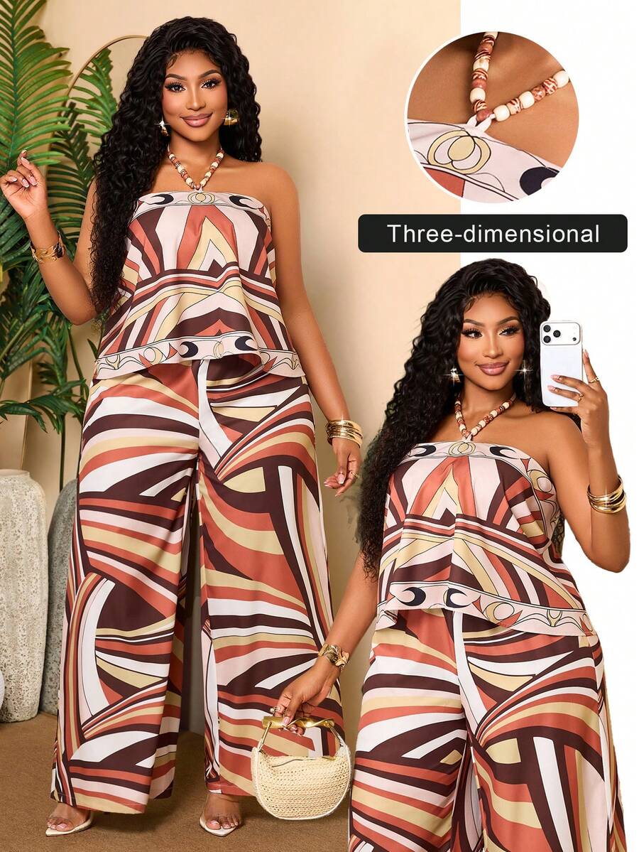 Bộ 2 món size lớn họa tiết hình học, áo crop top quây hở lưng buộc dây và quần ống rộng cạp cao phong cách thanh lịch đi du lịch - màu nâu - Xem 1