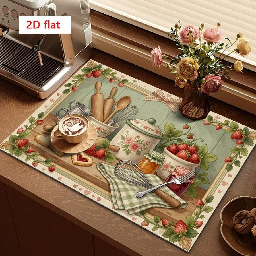 1pc Dish Drying Mat, Coffee Machine Mat, Strawberry Baking Scene Print Polyester Fiber Absorbent Mat, Durable, Highly Absorbent, Suitable For Dining Table, Cafe And More, Multipurpose Drainage Mat, Home Gift, Tabletop Decor