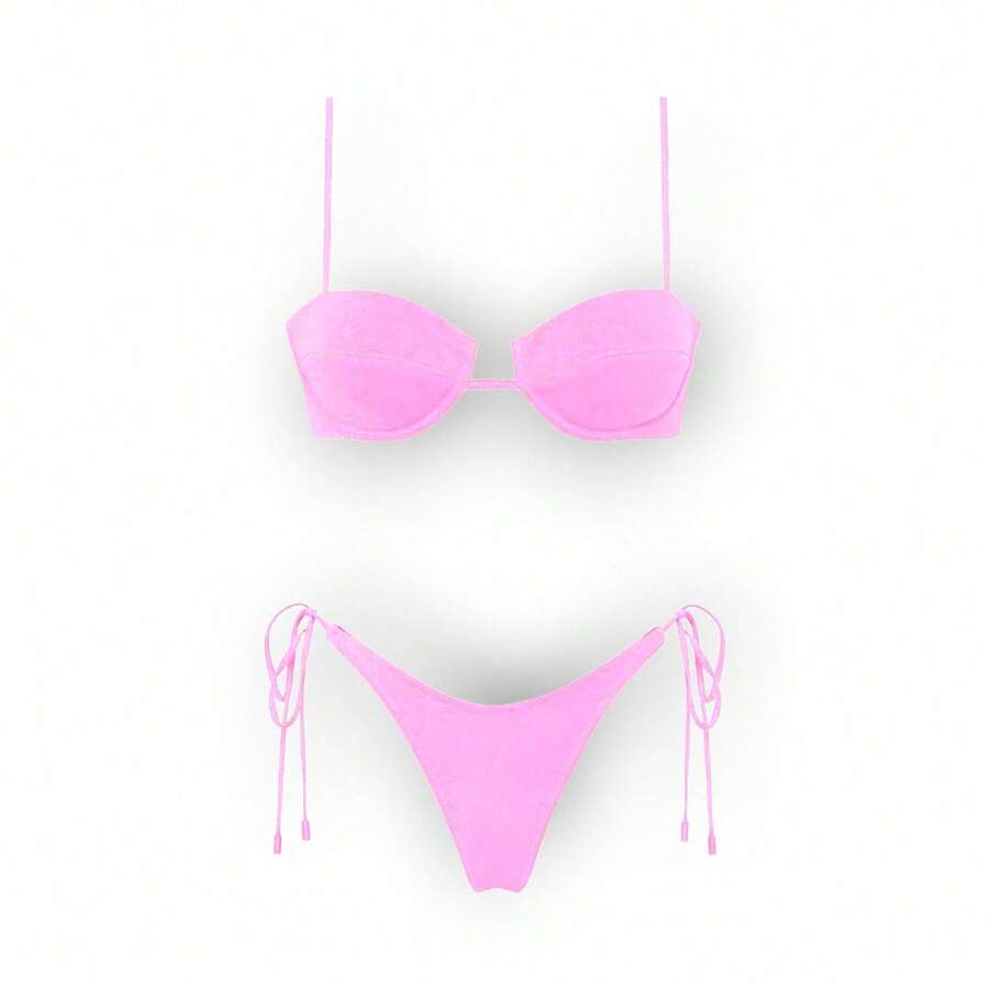 Women's Glossy String Bikini Set Soild Swimsuit Women's Fashion Bikini Green Halter Sport Swimsuit Beach Vacation Low Cut Shiny - 粉色 - 查看 1