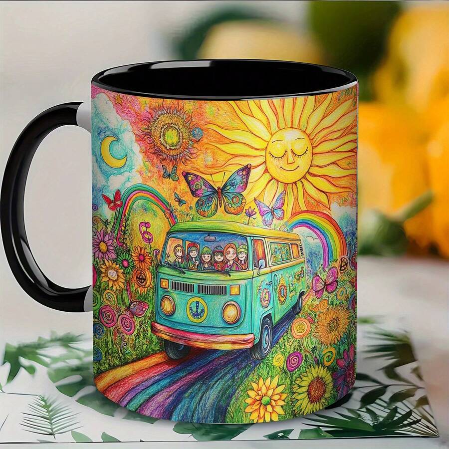 [Envío en 24 horas desde México]1 Taza de Café de Cerámica Estilo Retro Hippie - Diseño Impreso en Ambos Lados con Sol, Luna y Flores Vibrantes - Regalo Creativo para Cumpleaños, Pascua, Día de San Valentín, Accesorios para Cafetería
