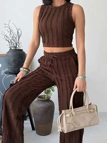 Women's Fitted Tank Top With Reverse Seam Crop Top And Wide Leg Pants 2 Pieces Set - Brown - View 2