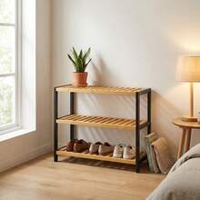 69x24x53,2cm Holz 3-stufiges Lamellen Schuhregal Organizer, Bambus Eingangsbereich Aufbewahrungsregal - Rotbraun - Übersicht 1