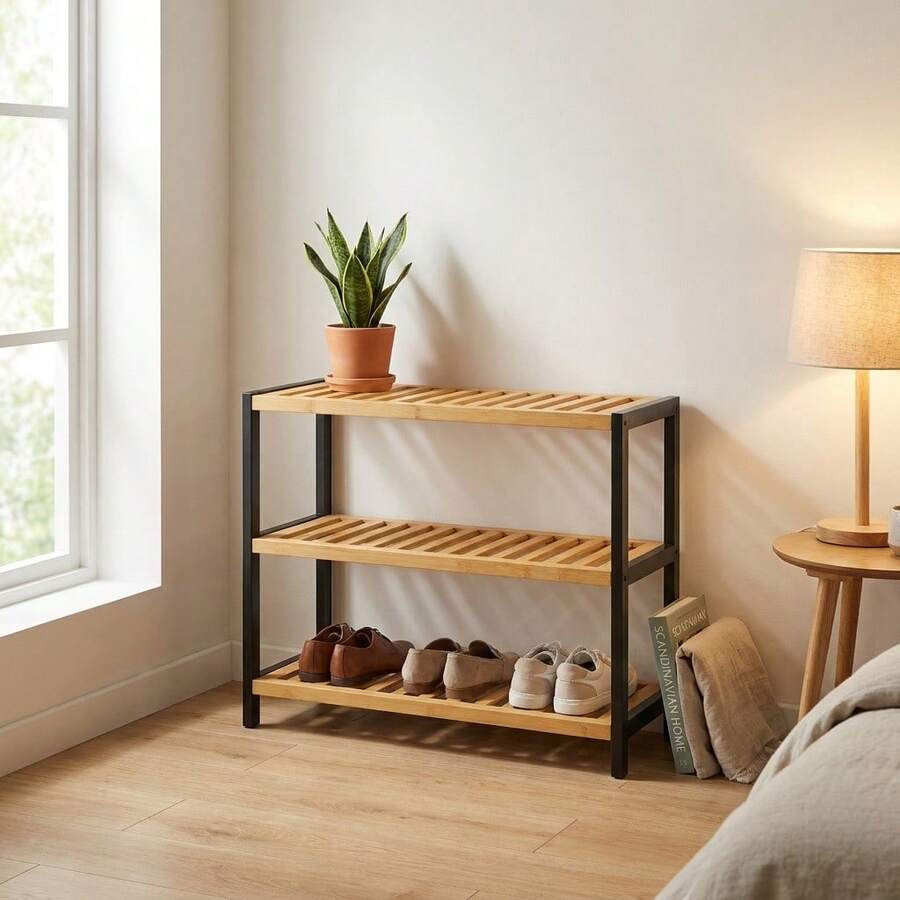 69x24x53,2cm Holz 3-stufiges Lamellen Schuhregal Organizer, Bambus Eingangsbereich Aufbewahrungsregal - Rotbraun - Übersicht 1