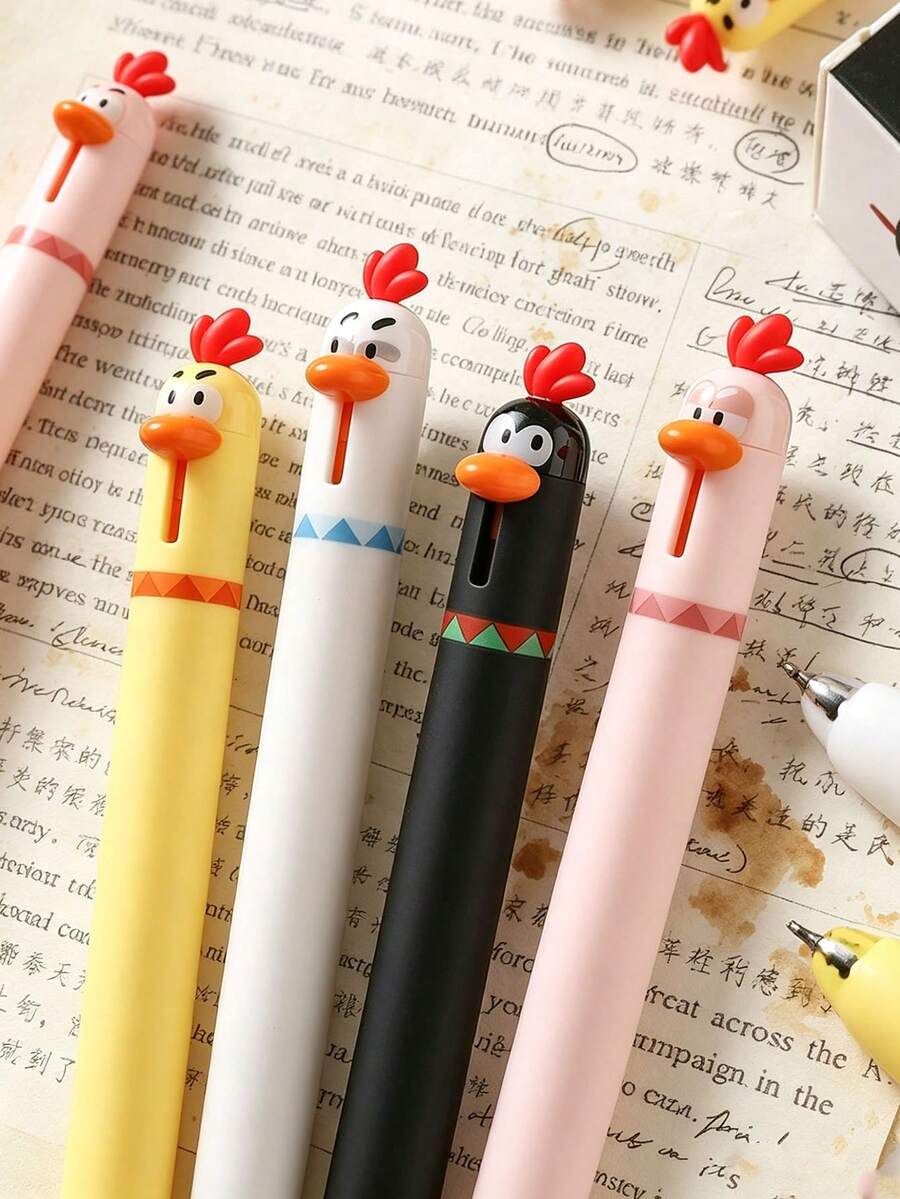 2支可愛卡通小雞伸縮式凝膠筆 0.5mm 黑墨水 趣味動物造型書寫筆 辦公學校用文具 可愛文具禮物 - 彩色 - 查看 1