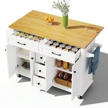 Multifunctional Kitchen Trolley With Fold-Out Worktop, Extendable To 120*65 Cm, With 5 Drawers, Cabinets, Spice And Towel Racks, On Casters – Kitchen Island For Kitchen, Dining Room And Living Room - 白色+自然色 - 查看 3