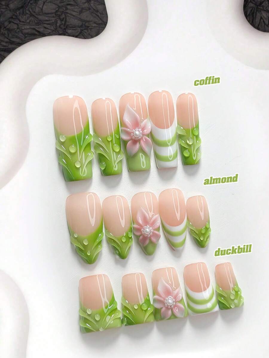 10片清新田園風手工穿戴式美甲,Polygel美甲套組,五瓣花設計,綠色指甲油,優雅精緻風格,含美甲工具,3種尺寸可選,杏仁形、鴨嘴形、棺材形,適合派對、跳舞、日常配戴 - 彩色 - 查看 1