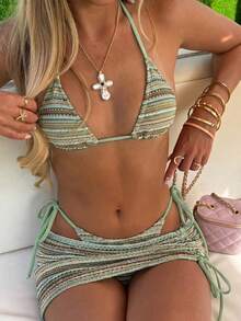 Bikinx 女款夏季海灘波浪圖案掛脖綁帶性感比基尼套裝，附遮陽罩裙，度假配套套裝 - 彩色 - 查看 9