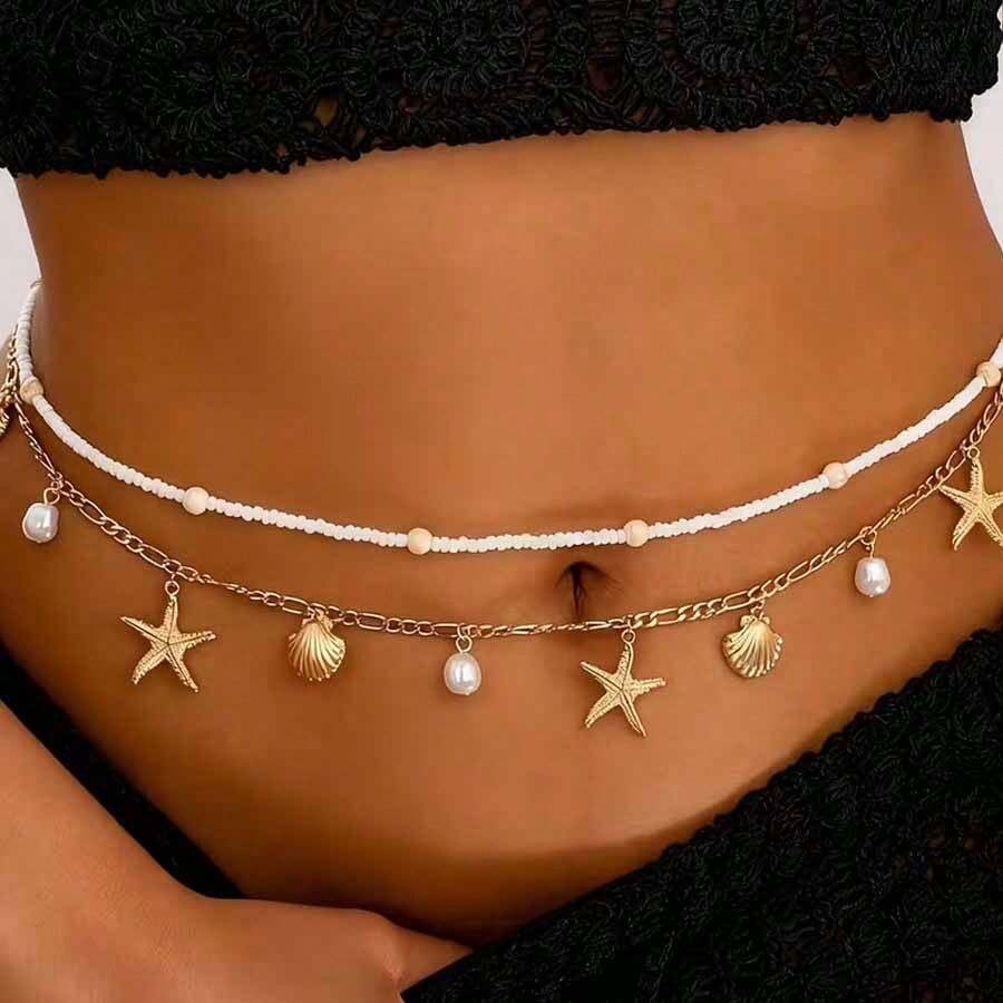 2pcs Women's Shell & Starfish Belt, Beach Vacation Style Starfish Shell Waist Chain, Beach Accessory Metal Waist Chain, Multi-Purpose For Party - Multicolor - View 1