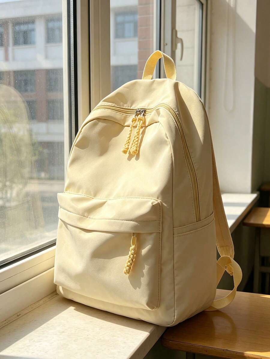 1pc Preppy Style Solid Color Casual Backpack, Multi-Pocket Lightweight School Day Bag With Adjustable Shoulder Straps, Suitable For Students/Girls/Teens/Young Adults, Perfect For Back To School, Campus Learning, Outdoor Camping, Short Weekend Trips And Daily Casual Outdoor Use - Yellow - View 1