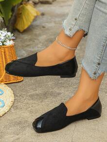 Women's Fashion Colorblock Square Toe Ballet Flats, Elegant Style, Spring/Autumn Daily Commute Black Flat Shoes - Black Suede - View 2