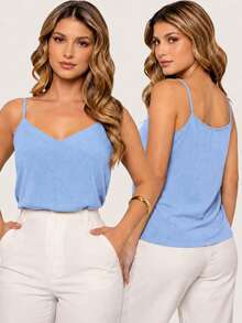 Thin-Strapped Tank Top. Polyester With Adjustable Straps. Available In Sizes V, S To XL. Perfect For Everyday Travel, Vacation, Home, And Summer. - Baby Blue - View 2