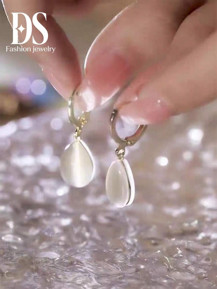 1 Pair Minimalist Elegant Women's Teardrop Double-Sided Cat Eye Stone Earrings, Lightweight Luxurious Versatile