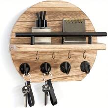1pc Wall-Mounted Key Holder 11.8 Inch Wooden Key Storage Rack, Wooden Wall Shelf, Living Room Wall-Mounted Glasses Hook, Background Wall Decor Shelf, Entryway Key Storage Rack, With Shelf And 8 Hooks, Round Key Organizer, Home Decor - Multicolor - View 10