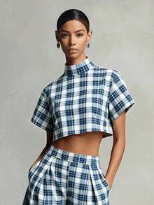 2026 New Short High Neck Short Sleeve Top & High Waist Wide Leg Pants Set, Cropped Plaid Set, Summer Cool Short Sleeve Set, Design-Driven Hot Girl Casual Style Short Top & Wide Leg Pants Set, Y2K Plaid Style, Summer Outing & Picnic Outfit, Plus Size Friendly - Baby Blue - View 6