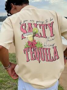 1pc Men's Graphic Print T-Shirt, Beach Vacation Casual Summer Wear, Loose Fit Short Sleeve Tee - Apricot - View 1