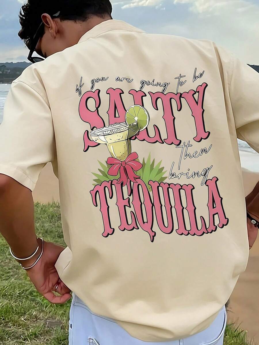 1pc Men's Graphic Print T-Shirt, Beach Vacation Casual Summer Wear, Loose Fit Short Sleeve Tee - Apricot - View 1