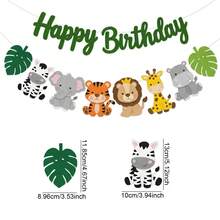 Dschungel Safari Tier Happy Birthday Filz Banner, Tropisches Blatt Zebra Elefant Tiger Löwe Giraffe Nilpferd Hängende Zugflagge, Wildtier Thema Geburtstag Babyparty Wandhintergrund Partydekoration Zubehör, Süßes Geschenk, Wild One Geburtstag Hängedekoration, 2D flach - A - Übersicht 8
