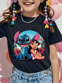 Disney Stitch And Lilo Cartoon Graphic Tee For Girls Cute Short Sleeve T Shirt Soft Casual Summer Top Fun Character Print Daily Wear - 黑色 - 查看 1