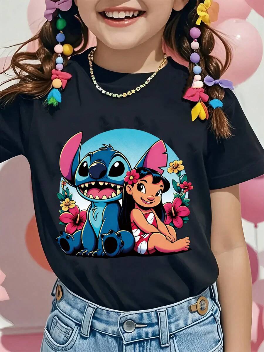 Disney Stitch And Lilo Cartoon Graphic Tee For Girls Cute Short Sleeve T Shirt Soft Casual Summer Top Fun Character Print Daily Wear - 黑色 - 查看 1