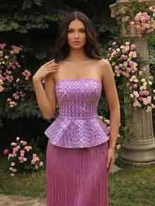 Novo Conjunto de Vestido de 2 Peças com Franjas de Diamante para Mulheres Moda Outono - Malva - Visão 3