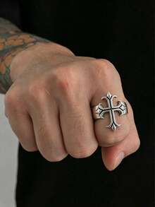 1pc Personalized Punk Cross Ring, Fashion Geometric Metal Single Ring, Suitable For Layering, Daily Party Accessory, Holiday Gift For Family And Friends - Antique Silver - View 2