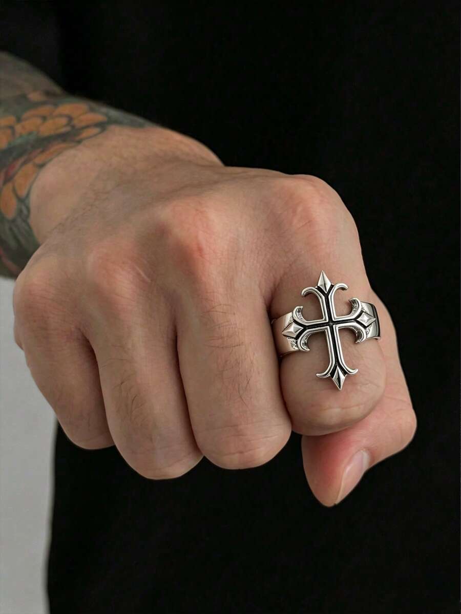 1pc Personalized Punk Cross Ring, Fashion Geometric Metal Single Ring, Suitable For Layering, Daily Party Accessory, Holiday Gift For Family And Friends