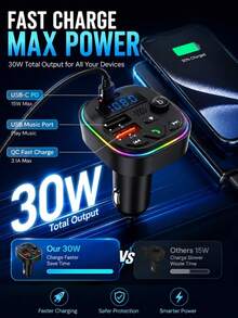 XF.Meraki 藍牙車充，RGB 氛圍燈，3 埠快充，USB-C 充電器，內建麥克風，適用音樂/通話/導航，藍牙 5.3 自動重連，雙藍牙/USB 模式，汽車配件 - FM藍牙發射器 - 查看 3