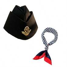 6, 2 Pieces European Air Hostess Pilot Matching Accessories Wheat Emblem Cap Contrast Red-Blue Striped Neck Bandana - Multicolor - View 13