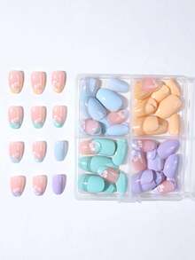 96片(4款混搭/組) Y2K短橢圓3D凝膠彩色法式指尖穿戴式假指甲，花卉與金色粉末設計，完美貼合壓克力假指甲組，含1片果凍膠與1片指甲銼刀，適合女性日常與工作使用 - 彩色 - 查看 4