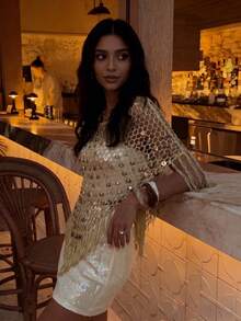 Sexy Hollow Out Fashion Multi-Way Wear Fitted Sequin Fringe Shawl, 2026 New Style, Women's Vacation Clothing, Summer Holiday, This Khaki Shiny Knit Hollow Out Shawl Is Perfect For Beach Vacation, Dating Casual Outings, Music Festivals And Various Holiday Activities. - Maroon - View 7