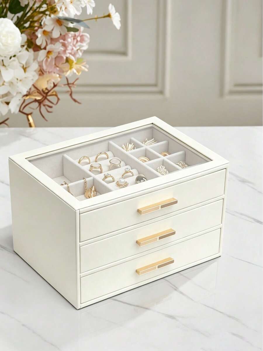 Luxury 3-Drawer Velvet Lined Jewelry Organizer Box With Transparent Glass Lid, Earring Necklace Ring Display Storage Box, Suitable For Gold Jewelry And Accessories - Multicolor - View 1