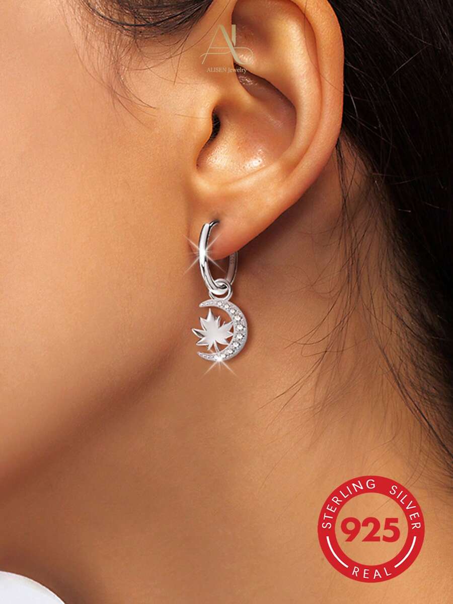1 pieza Pendientes de clip-on para mujer con diseño de nicho único y dulce, de plata de ley 925, con circonita, forma geométrica redonda de luna, hoja de arce, media luna y strass, color dorado, estilo versátil, adecuados para oficina, ir al trabajo, citas, viajes, vacaciones, fiestas, banquetes, bodas, uso casual de otoño, regalo perfecto para cumpleaños y festividades - Plateado - Ver 1
