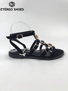 Sandalias planas para mujer, con un exquisito diseño de cuentas, estilo bohemio romano, ideales para vacaciones de verano, la playa, citas y para el uso diario. - Negro - Ver 8