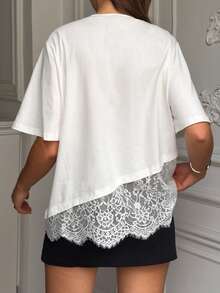 Women's Elegant Commuter Solid Color Lace Patchwork Round Neck Top White Summer - White - View 8