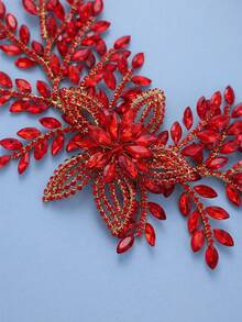 1pc Handmade Red Rhinestone Leaf Headband, Elegant Bridal Hair Accessory For Wedding, Prom, Party - Red - View 4