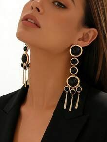 1 Pair Women's European & American Vintage Style Gold-Plated Round Faux Black Agate Long Vertical Tassel Earrings, Mixed Size Round Stone Hanging Design, Exaggerated Elegant Earrings For Commute, Evening Party, Beach Vacation And Daily Wear - Golden Yellow+Black - View 3
