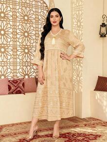 Heavy Gold Embroidery Arabic Women's Summer Apricot Elegant Dress, JALABIA 9/10 Flare Sleeve Fashion Luxury Creative, Summer Casual Travel Outfit - Apricot - View 4