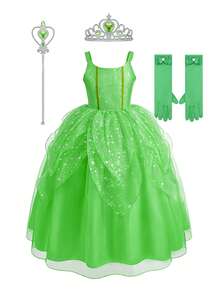 5pcs/Set Girls Green Sleeveless Tutu Dress, Crown, Magic Wand, Gloves Costume Set, Role Play Outfit For Kids, Party, Carnival, Halloween, Christmas, Book Week Costume - Green - View 15
