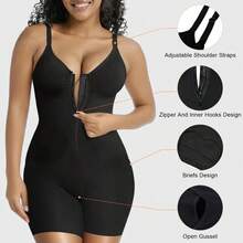 Front Zip Deep V Shapewear Bodysuit Inner Hooks Open Gusset Butt Lifter Padded Shorts Tummy Control - Black - View 4