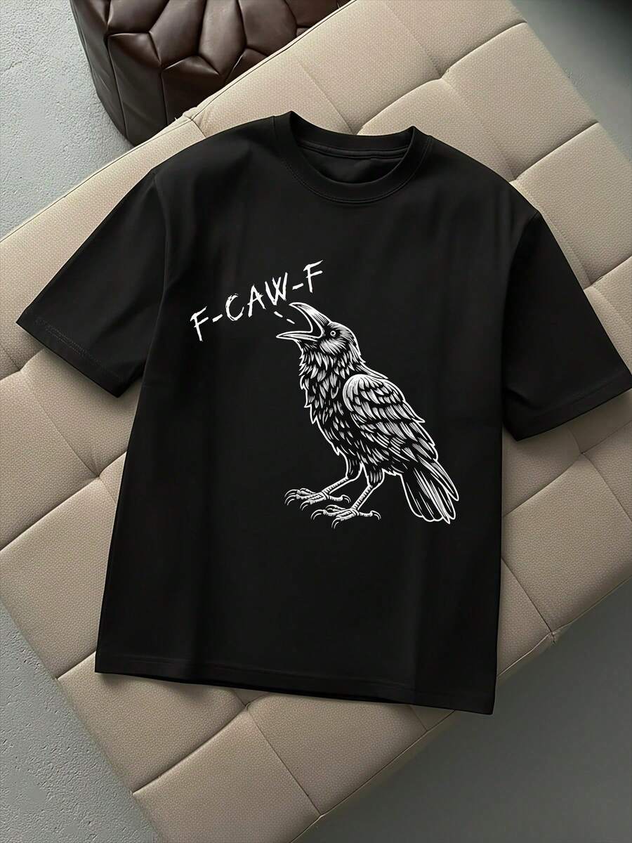 Crew Neck T-Shirt With Super Simple Crow Pattern "F - Caw - F" - Black - View 1