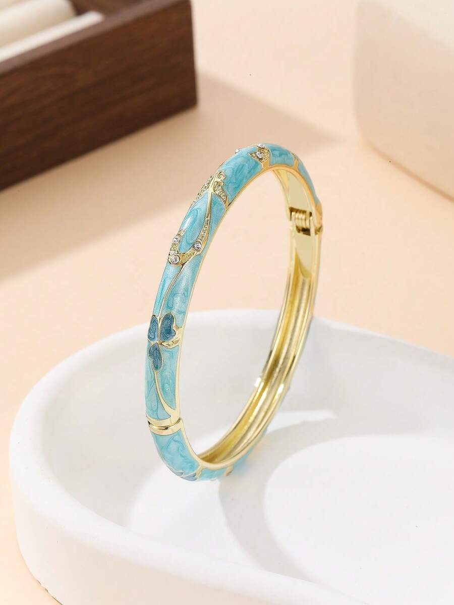 1pc Fashion New Rhinestone Decor Enamel Floral Pattern Filigree Bracelet Bangle Jewelry Gift For Women And Girls - Mint Blue - View 1