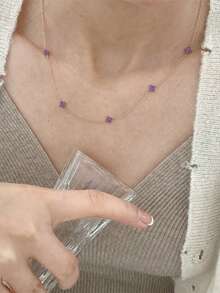 1件新款時尚金紫色鋯石花卉鏈條項鍊飾品 - 金黃色-紫色鑽石 - 查看 2