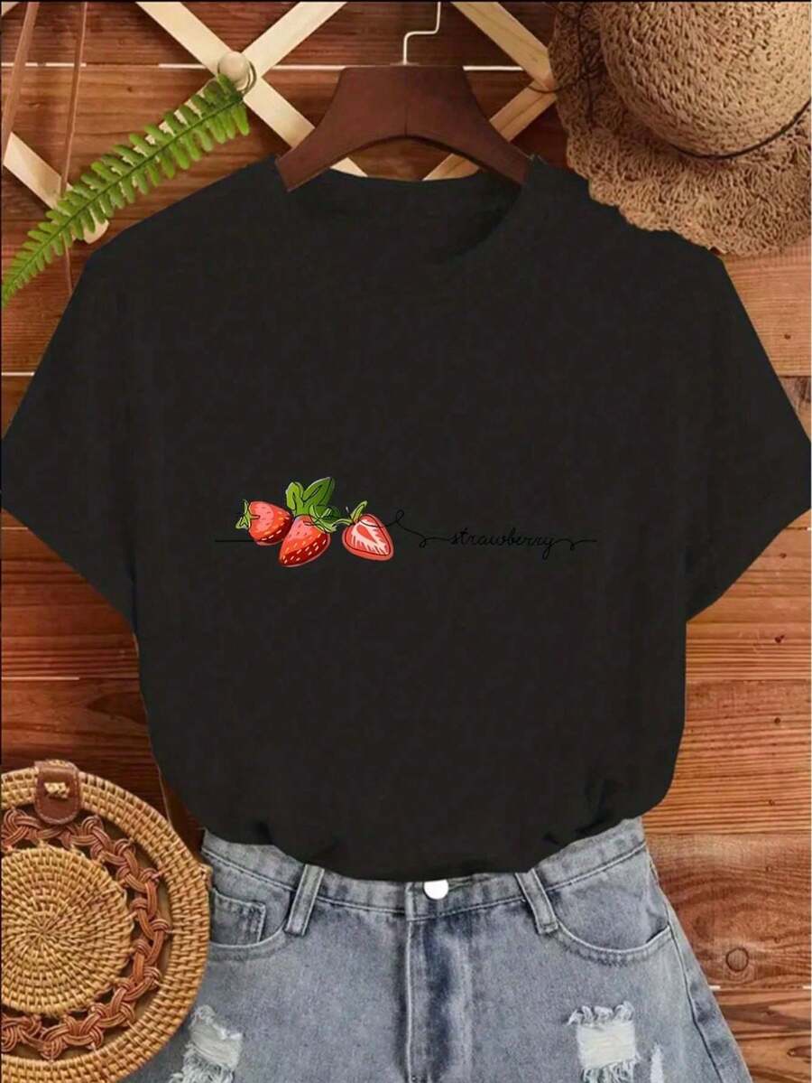 Short-Sleeved T-Shirt With Strawberry Print | Comfortable And Durable Fabric, Casual Style, Ideal For Everyday Wear, Soft And Lightweight Material, Perfect For Indoor And Outdoor Activities... - 黑色 - 查看 1