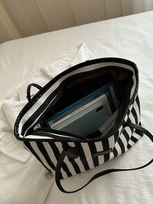 Fashionable Large Capacity Striped Tote Bag, Shoulder Bag, Suitable For Women Shopping, Commuting And Daily Use - Black - View 6